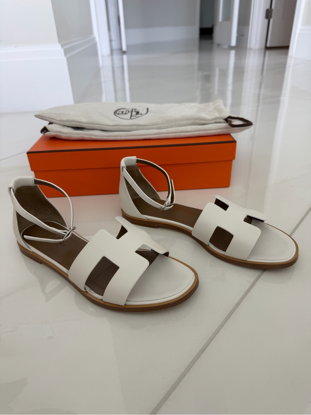 Hermes White H-Cutout Leather Ankle-Strap Sandals